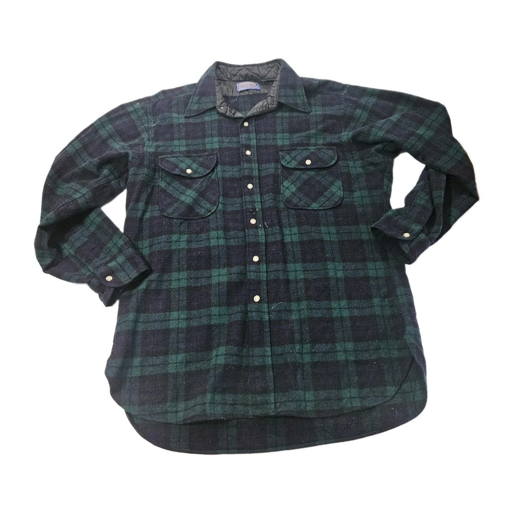 Vintage Pendleton Shirt Mens L Green Black Watch Tartan Plaid Wool Flannel USA